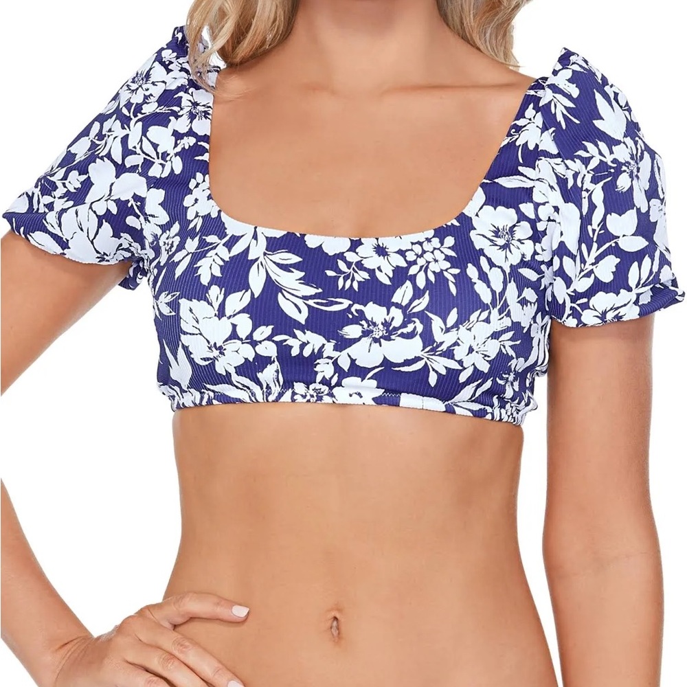 58. Raisins Blue Floral Tie Back Swim Top NWT